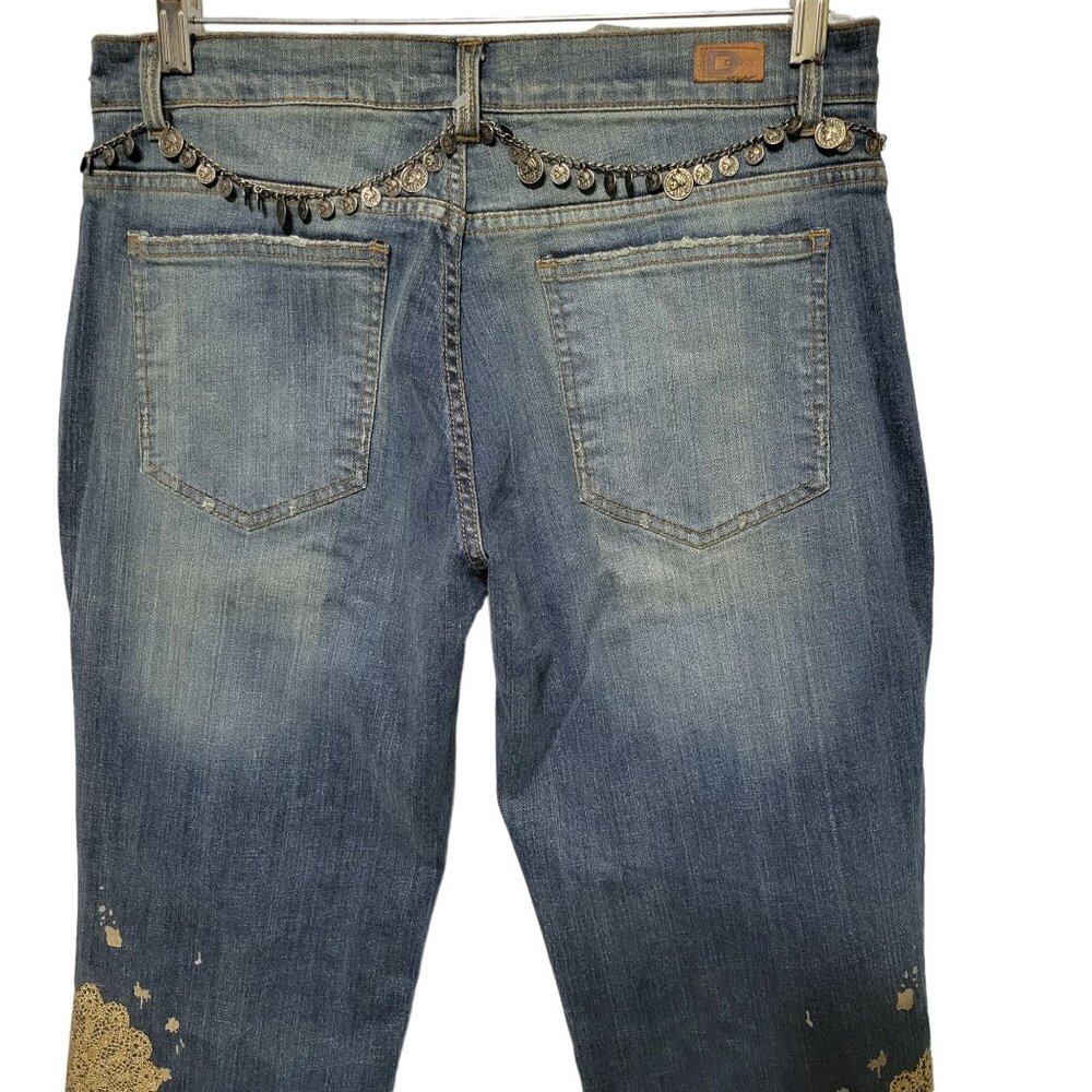 DKNY NWT Size 12 Jeans Denim Gold Glitter So Low Lita Chain Belt Boot Distressed - Picture 7 of 16